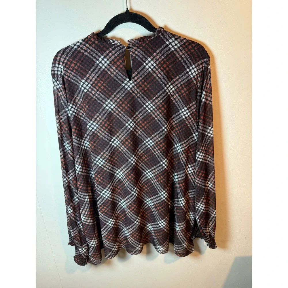 Maurices Women 3X Brown Plaid Smocked Yoke Ruffle Neck Long Sleeve Blouse Top - Picture 8 of 9